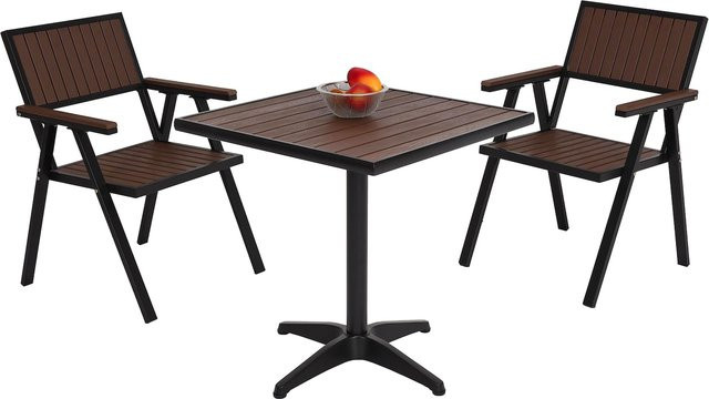 MCW Gartenmöbel Set aus Tisch und 2 Stühlen in Holzoptik aus Aluminium, Schwarz und Dunkelbraun - Bild 1