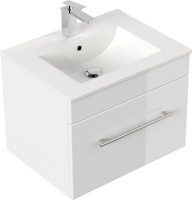 Posseik Waschplatz Viva Weiß Hochglanz mit Keramikwaschbecken und Soft-Close-Türen B: 59,0 cm, H: 49,7 cm, T: 46,5 cm - Bild 1