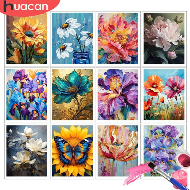 HUACAN Malen nach Zahlen Set mit Sonnenblumen und Iris Blumenmotiven auf Leinwand für deine DIY Wanddekoration - Bild 1