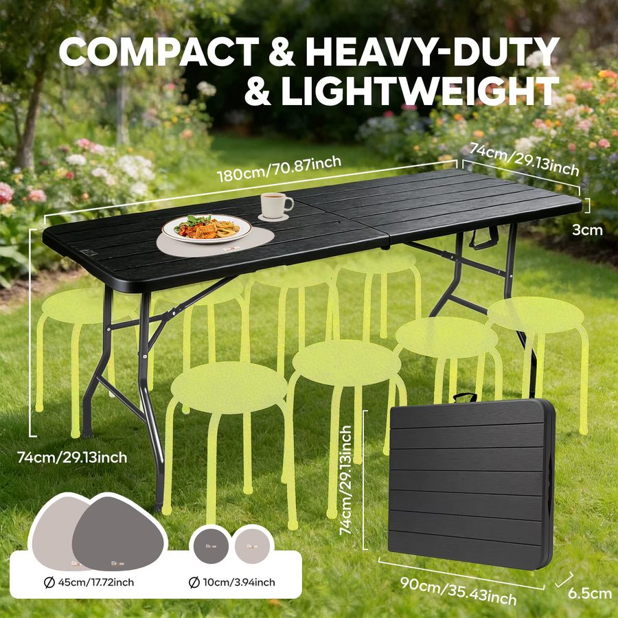 Eiryss Tragbarer Klapptisch aus HDPE für Garten und Camping, Rechteckig, Schwarz/Braun, Breite: 180 cm, Höhe: 74 cm, Tiefe: 70 cm, inklusive 2 Tischsets und Untersetzern - Bild 3