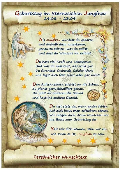 Geburtstagsurkunde Sternzeichen Jungfrau von Tantum Graphic als mehrfarbige Wanddekoration aus Papier - Bild 1
