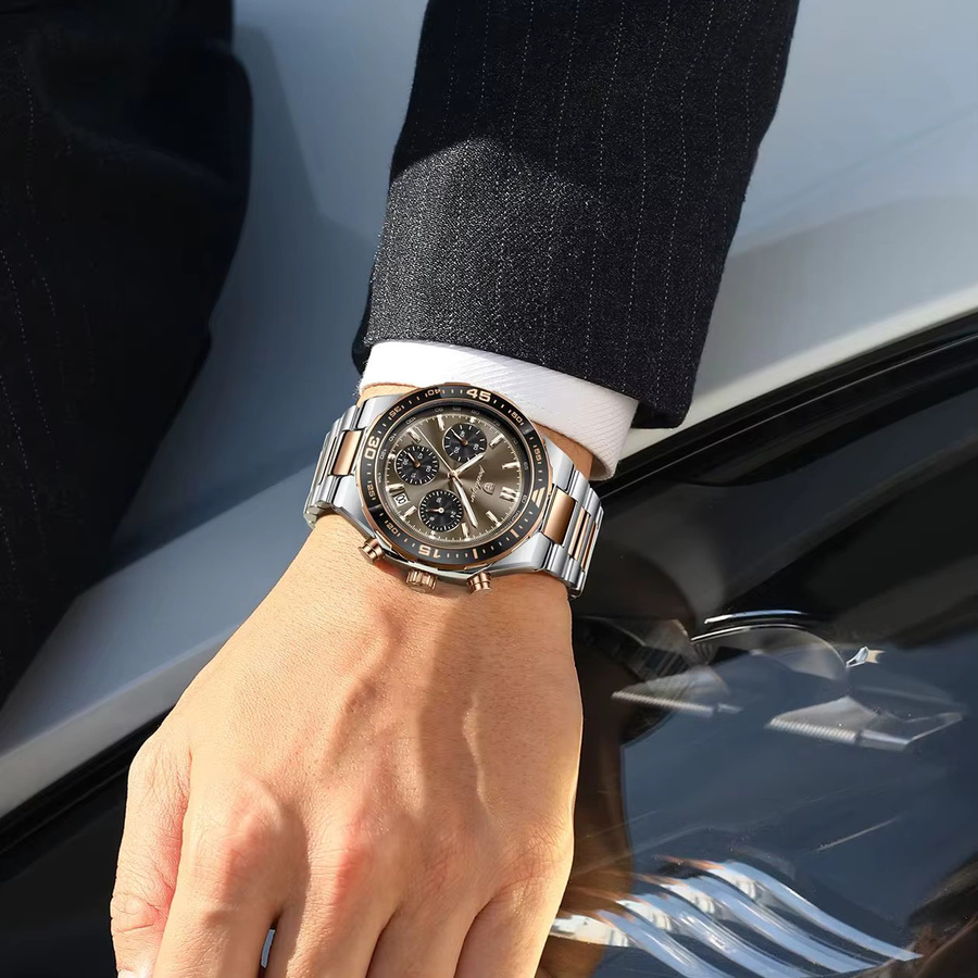 POEDAGAR Armbanduhr Edelstahl, Quarz, Chronograph, Schwarz, Herren - Bild 5