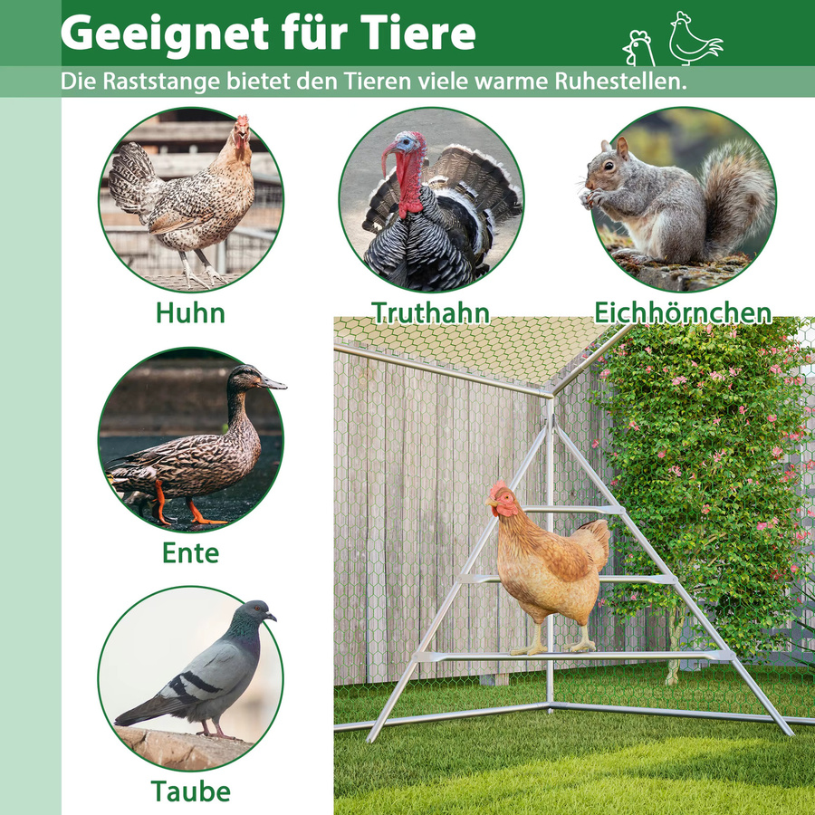 GIHAUVIA Allwetter-Hühnerstall aus Metall mit Klettergerüst und überdachtem Auslauf, Farbe: Grün/Silber, B/T/H: 400 x 303 x 200 cm - Bild 3