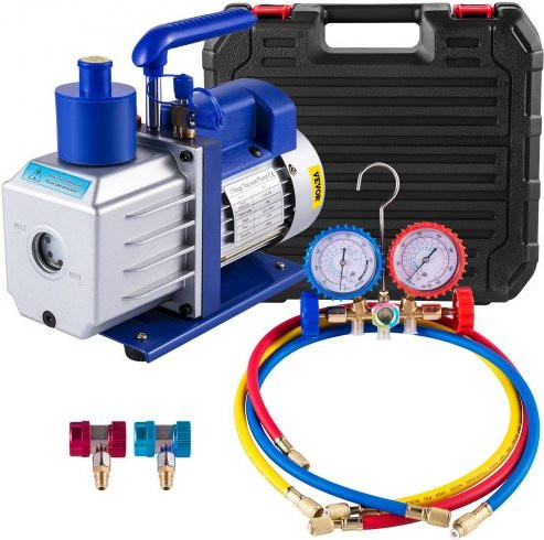VEVOR Vakuumpumpen-Kit für HVAC, einstufige Klimaanlagen-Vakuumpumpe mit 136 L/min (4,8 CFM) und 246W (1/3 HP), inklusive 3-Ventil-Manometer-Set für Kältemittel, Blau - Bild 1