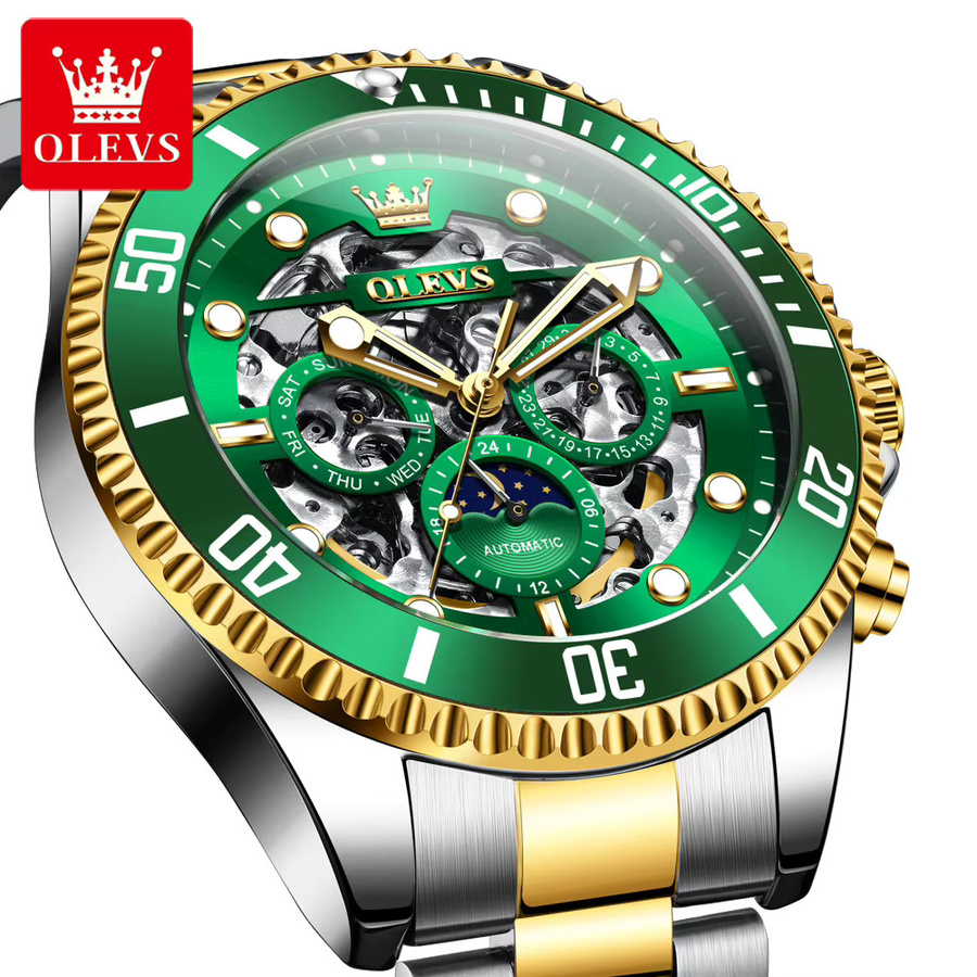 OLEVS Armbanduhr Automatik, Edelstahl, Gold, Mondphase, Herren - Bild 6