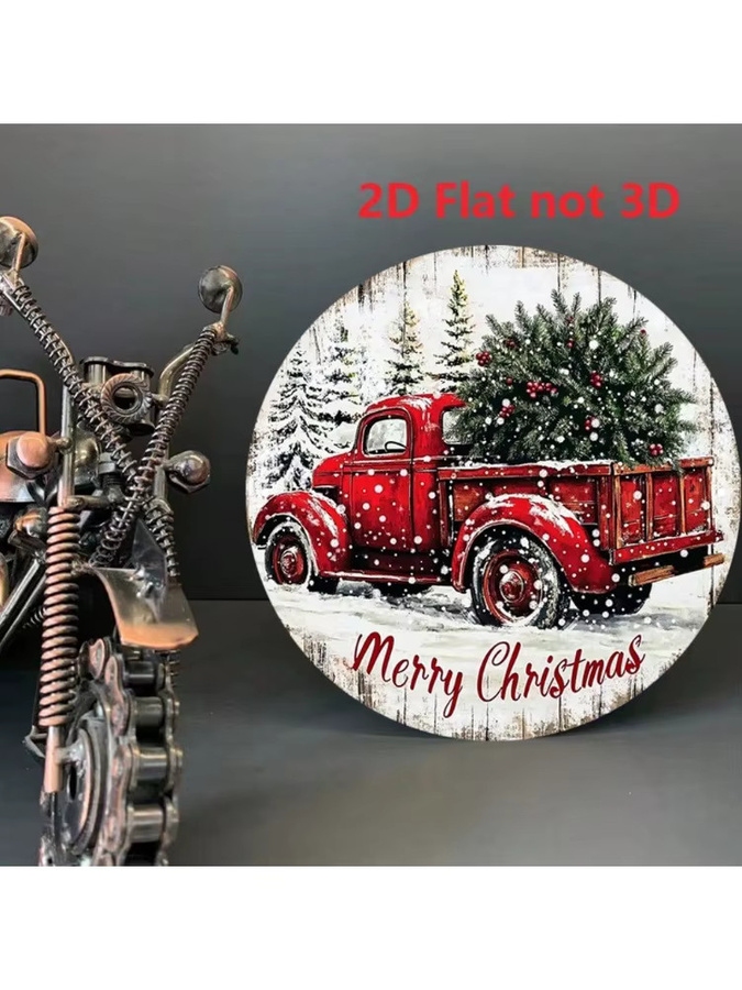 Rundes Vintage-Aluminiumschild von CIFBUY mit rotem LKW und Weihnachtsbaum als rustikale Dekoration, Durchmesser: 20,3 cm - Bild 5