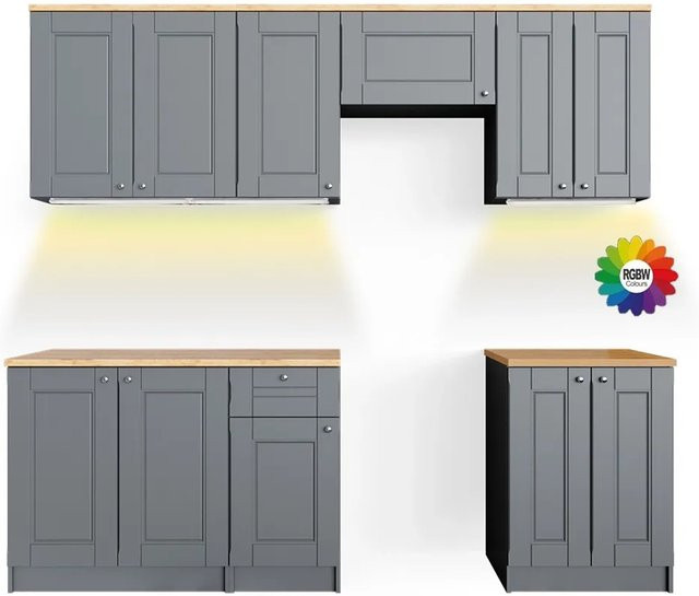 Vicco Bergamo Küchenzeile Grau mit LED-Leisten Breite: 240 cm - Bild 1