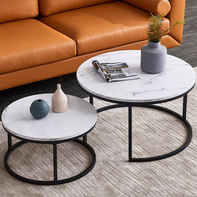 Superaly 2er-Set Runde Couchtische im modernen Design mit weißem Marmor-Look und schwarzem Metallgestell - Bild 1