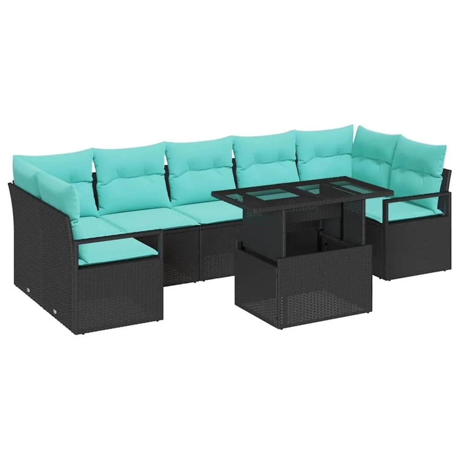 vidaXL Garten-Sofa-Set 8-tlg. aus Poly-Rattan mit Kissen in Schwarz und Blau - Bild 2