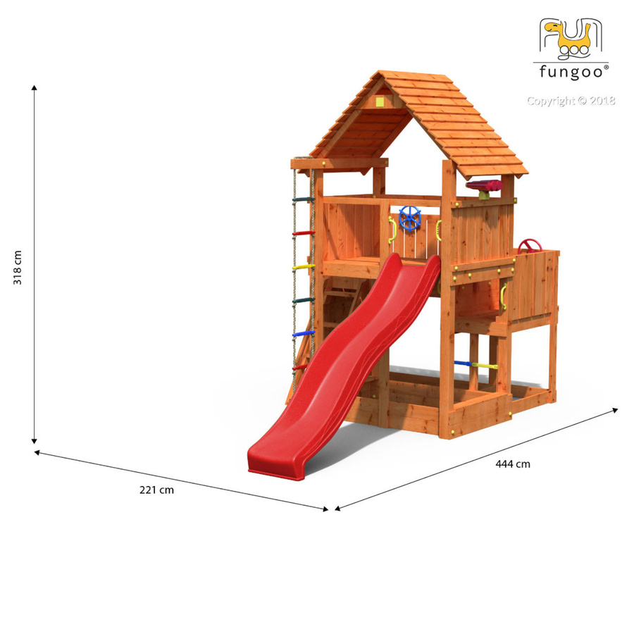 Fungoo Spielturm Big Leader Klettergerüst aus Teak mit Rutsche, Leiter, Kletterwand, Holzdach, Kletterseil und Sandkasten - Bild 2