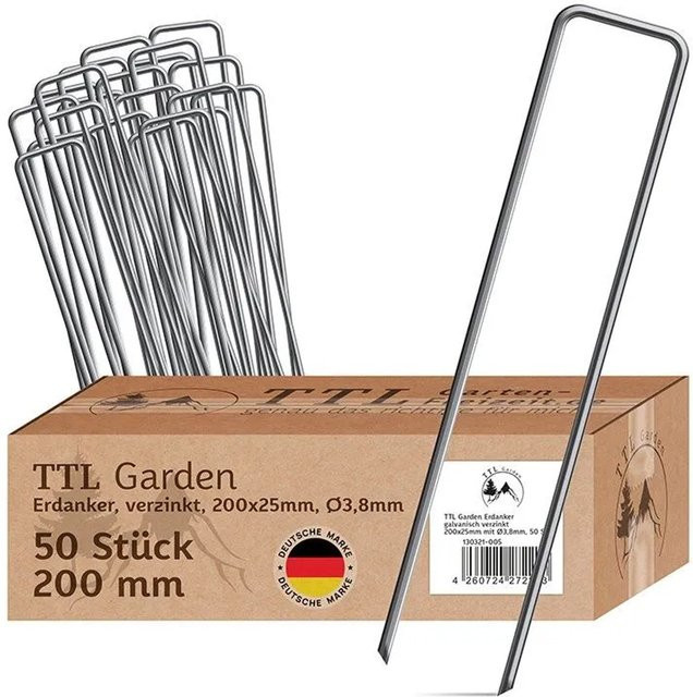 TTL GARDEN Erdanker aus verzinktem Stahl, 50 Stück, Farbe: Silber, H x B x T: 200 x 3,8 x 25 mm - Bild 1