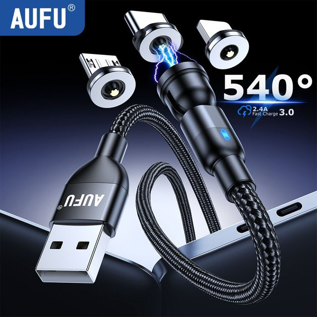 AUFU Magnet-Ladekabel 3m mit 540 Grad drehbarem Anschluss für Micro USB und USB-C kompatibel mit iPhone Samsung Xiaomi Redmi - Bild 1