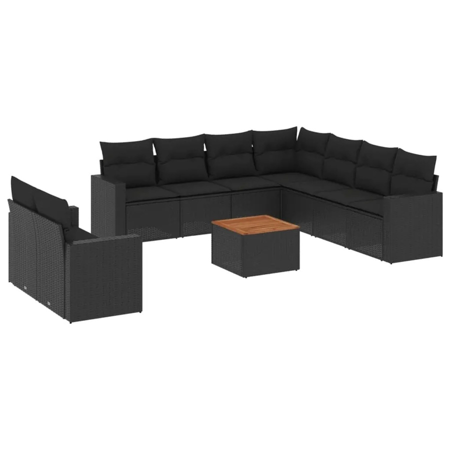 vidaXL 10-tlg. Garten-Sofagarnitur in L-Form aus Poly-Rattan und Akazienholz mit Kissen in Schwarz - Bild 2