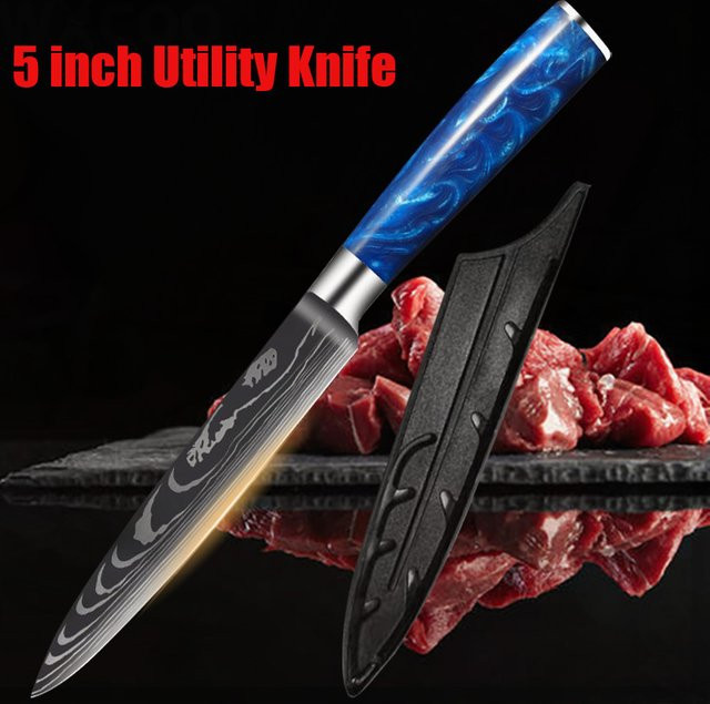 WXCOO 5-Zoll-Küchenmesser-Set mit blauem Harzgriff und Laser-Damast-Muster bestehend aus Kochmesser, Hackmesser und Schneidemesser - Bild 1