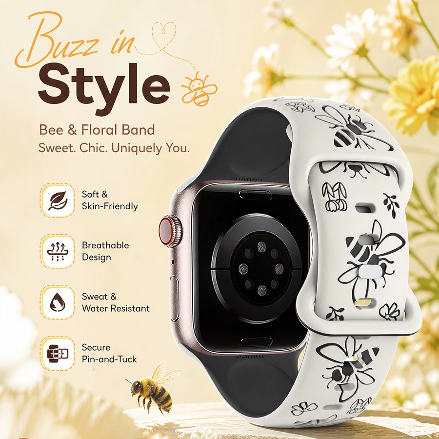 samusak Uhrenarmband Silikon, Bienen- und Blumenmuster, Apple Watch 38-49mm - Bild 2