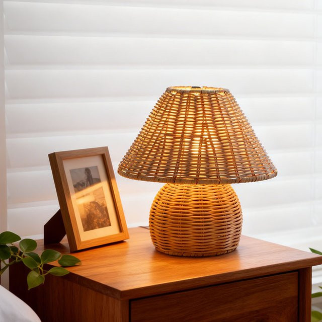 LINCCW Bambus Tischlampe Retro mit USB-Anschluss in Braun für Wohnzimmer und Leseecken - Bild 1