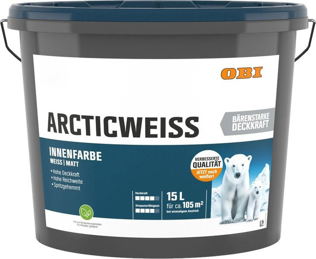 OBI Wandfarbe Arcticweiss Weiß Matt, 15 l - Bild 1