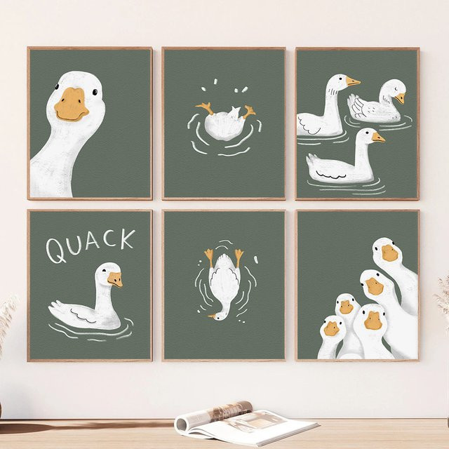 Potdemiel Leinwand Wandkunst mit niedlicher Cartoon Gans in Dunkelgrün, Rahmenloses Poster für Wohnzimmer und Schlafzimmer - Bild 1