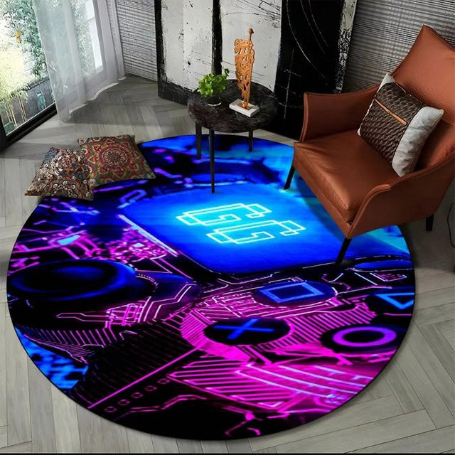 VIKAMA Runder Teppich mit Cartoon-Spieler-Motiv in Blau für Wohnzimmer, Schlafzimmer und Balkon, Durchmesser: 60 cm - Bild 1