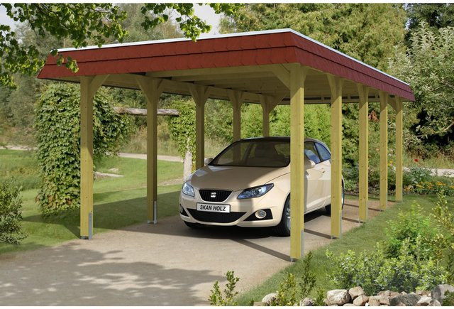 Skan Holz Carport Spreewald mit Walmdach und Blende in Rot, B: 741 cm, T: 345 cm - Bild 1
