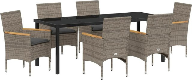 vidaXL Garten Essgruppe 7-teilig aus Poly-Rattan und Akazienholz in Grau mit Kissen und Sicherheitsglas - Bild 1