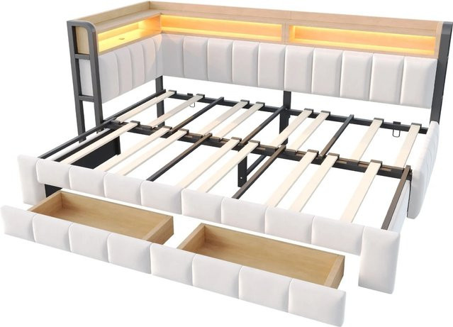 Merax Schlafsofa aus Samt in Beige mit LED-Beleuchtung, USB-Anschluss und Bettablage, B/T/H: 180 x 90 x 211 cm - Bild 1