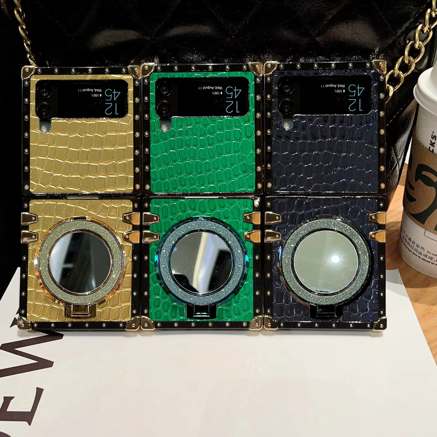Luxus Handyhülle mit Krokodil-Textur und Glitzer-Spiegelhalter für Samsung Galaxy Z Flip 3 4 5 6 7 8 FE in Grün - Bild 4