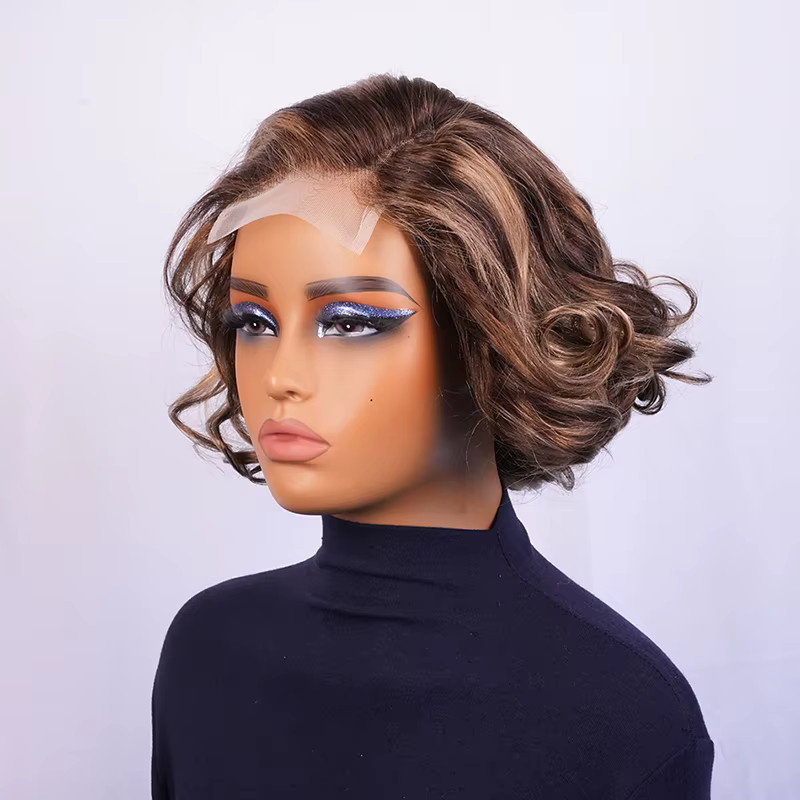OYM HAIR Bob Perücke, Echthaar, lose lockig, Ombre Honig Blonde, 4x4 HD Spitze - Bild 2