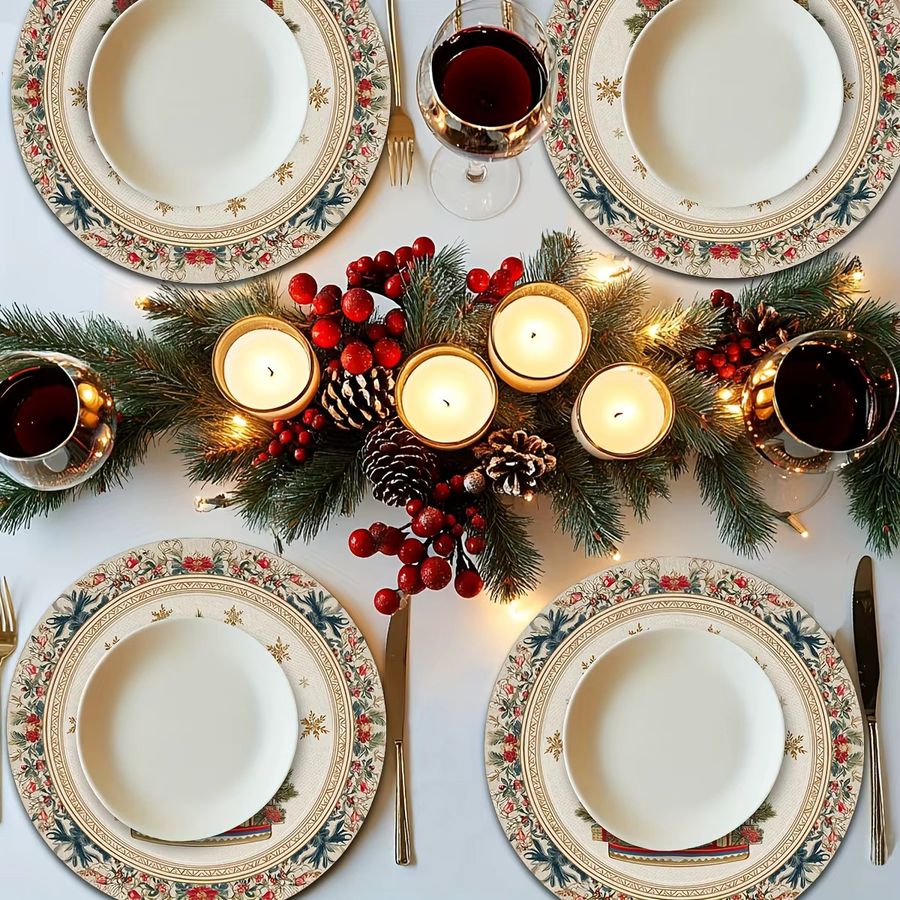 VIKAMA 4-teiliges Weihnachts-Tischset Set mit Blumenmuster, Weihnachtsbaum und Schleifen für deine Tischdekoration - Bild 4