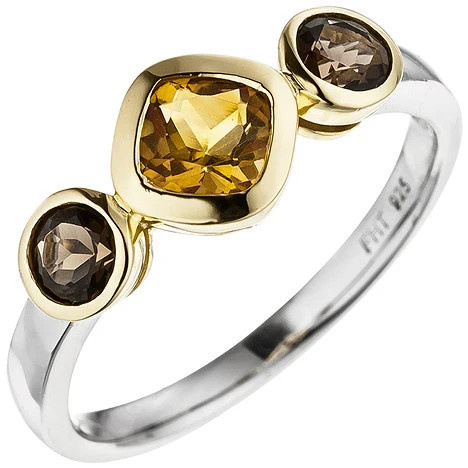 Colfem Ring 925 Silber, bicolor vergoldet, Citrin, Rauchquarz, Damen, Größe 52 - Bild 1