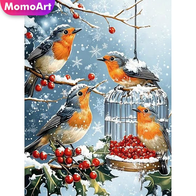 Momoart Diamantmosaik DIY Malerei Winter Vogel und Tiere als Strass Stickerei Wandkunst in Multicolour, Breite: 30,0 cm, Höhe: 20,0 cm - Bild 1