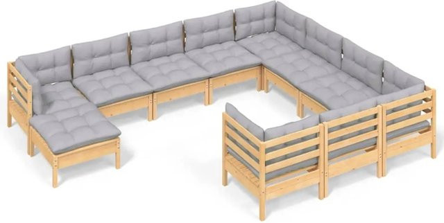 vidaXL Garten-Lounge-Set aus massivem Kiefernholz mit grauen Kissen, 11-teilig - Bild 1