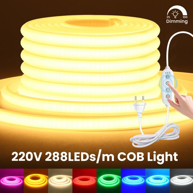 HEGEHE COB LED Neon-Streifen dimmbar mit Timer, wasserdichtes flexibles Neon-Bandlicht für 220V, erhältlich in Weiß, Rot, Blau und Gelb - Bild 1