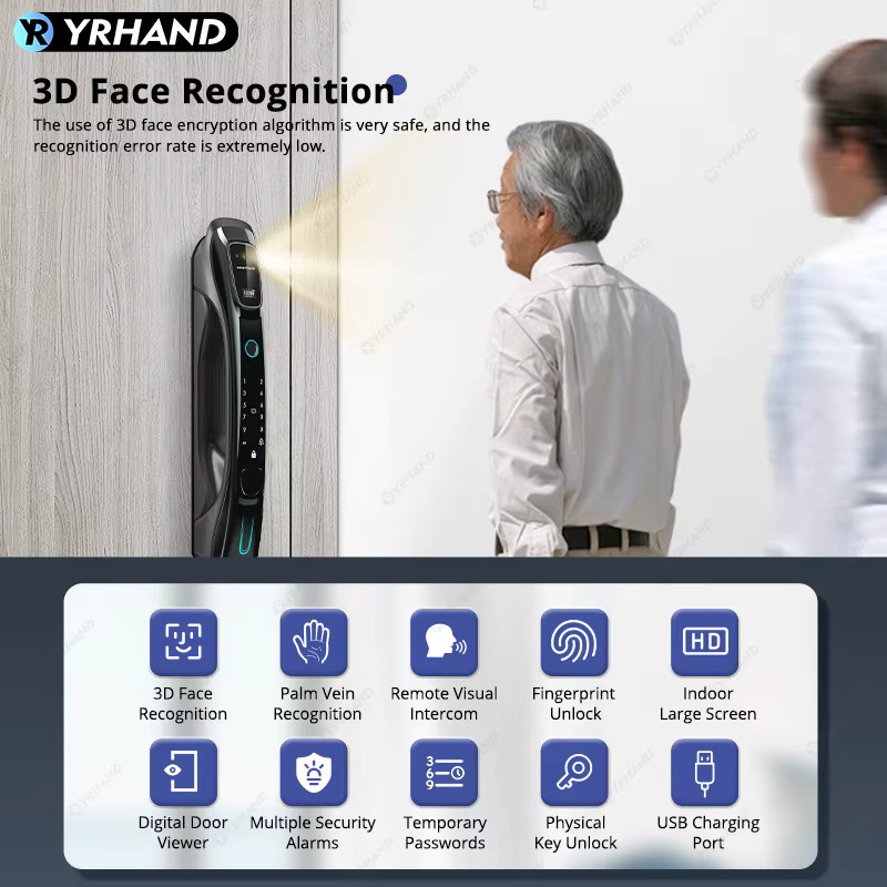 YRHAND Intelligentes Türschloss in Schwarz mit 3D-Gesichtserkennung, Handvenen- und Fingerabdruckerkennung, WLAN, App-Fernsteuerung und Video-Gegensprechanlage - Bild 3