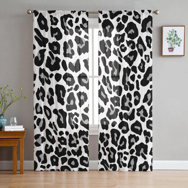 A Family Of Home Textiles Moderne Transparente Tüllvorhänge mit Leopardenmuster in Weiß, B: 135 cm, H: 160 cm, 2er-Set - Bild 1