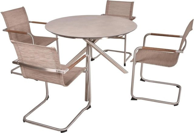 DELUKE Garten-Sitzgruppe HAKON 5-teilig in Sandbraun mit Edelstahl-Gestell und Freischwingerstühlen - Bild 1