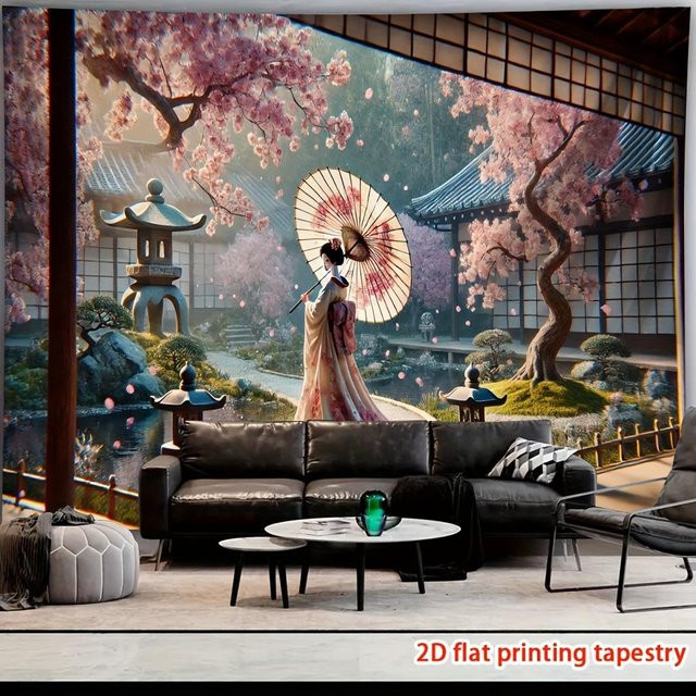 Kirschblütengarten Geisha Wandteppich von JMG Household Supplies, Japanische Landschaft mit Blumen in Mehrfarbig, B: 70 cm, H: 100 cm - Bild 1