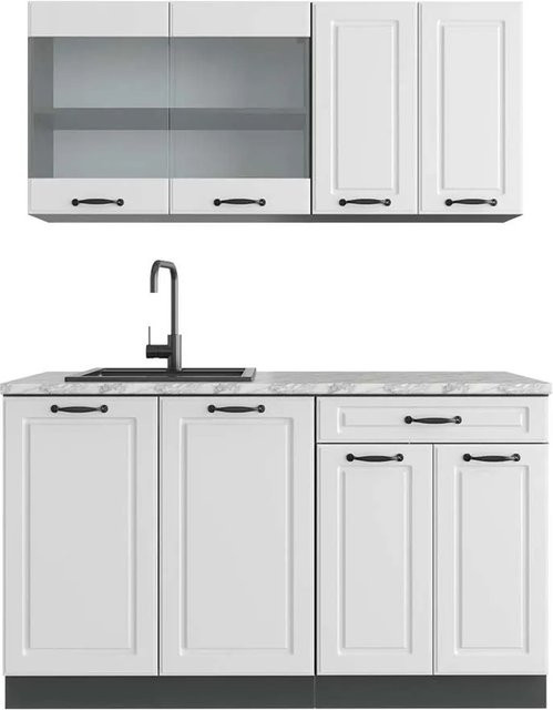 Vicco R-Line Singleküche Landhaus Weiß Anthrazit mit Marmor-Optik, Breite: 140 cm - Bild 1