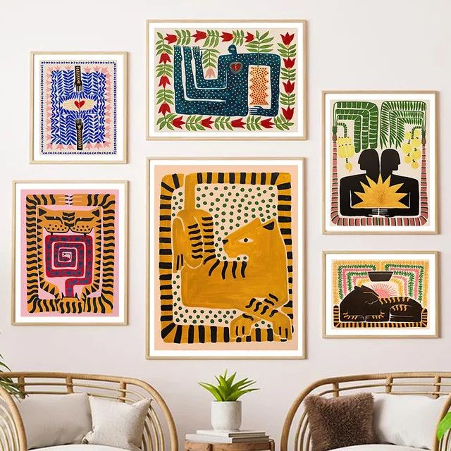 Potdemiel Boho Wandkunstdruck Leinwand mit Altes Ägypten, Tiger und Leopard in Multicolor - Bild 1