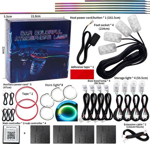 22-in-1 Auto LED Ambientebeleuchtung mit 213 Farben, RGB Acryl-LED-Streifen als Symphony Streamer zur Innenraum-Dekoration, App-Steuerung und Fernbedienung, Multicolour - Bild 1