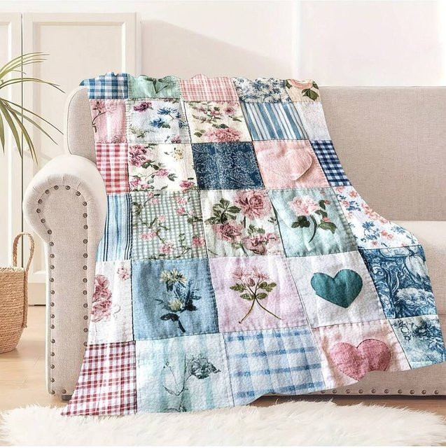 JMG Household Supplies Vintage Patchwork Flanelldecke mit Blumen-Karo-Muster, weiche Fleece-Decke für Sofa und Bett, Mehrfarbig, B x H: 150 x 200 cm - Bild 1
