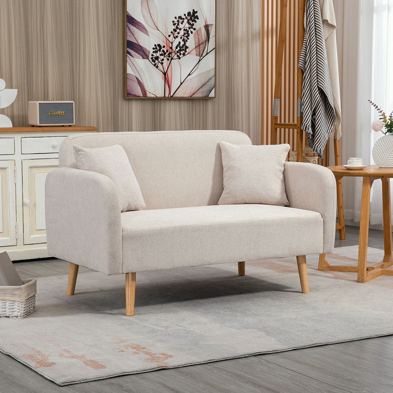 HOMCOM 2-Sitzer Sofa in Samtoptik mit Wurfkissen, gepolsterte Loveseat mit Armlehnen, Creme, B/T/H: 130 x 70 x 80 cm - Bild 2