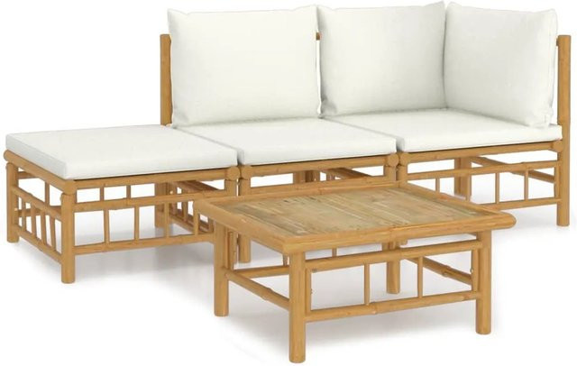 vidaXL 4-tlg. Garten-Lounge-Set aus Bambus mit cremeweißen Polsterkissen in L-Form, Braun - Bild 1