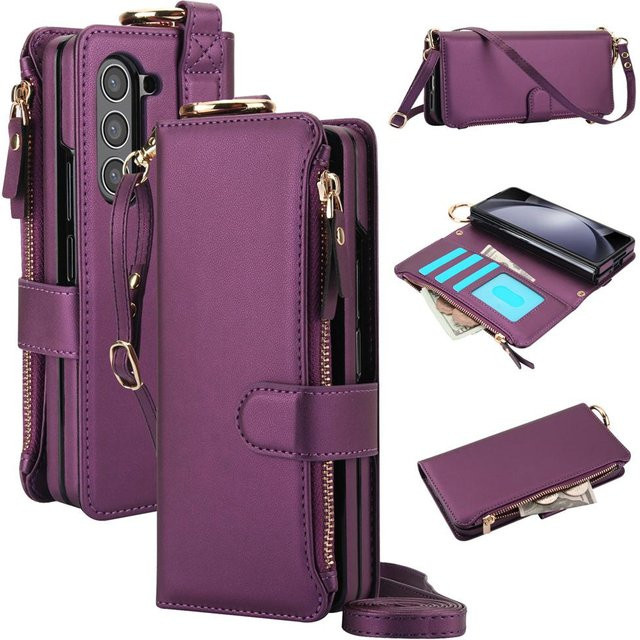 Samsung Umhängetasche Handyhülle aus PU Leder mit Kartenfach und Ringhalter für Galaxy Z Fold 6 5 4 3 5G in Purple - Bild 1