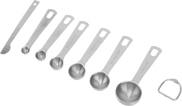 CosyHome 7-teiliges Messlöffel-Set aus Edelstahl mit Abstreifer in Weiß und Silber mit aufgedruckter Skala - Bild 1