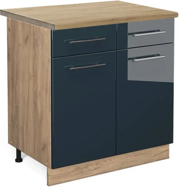 Vicco Küchenunterschrank Fame-Line Schubunterschrank mit Arbeitsplatte, Dunkelblau Hochglanz und Eiche, B: 80 cm - Bild 2