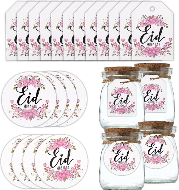 50 Stück Tissy Eid Mubarak Aufkleber mit Blumenkranz in Weiß für Ramadan Kareem Dekoration und DIY Geschenkverpackung - Bild 1