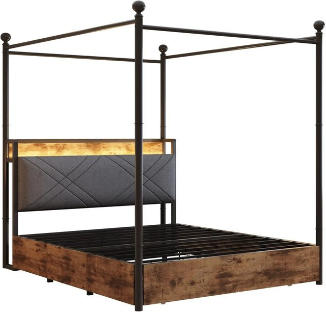 Merax Doppelbett mit Baldachin in Schwarz, inklusive LED-Unterbettbeleuchtung und USB-Ladeport, B/T/H: 140 x 190 x 208,6 cm - Bild 1