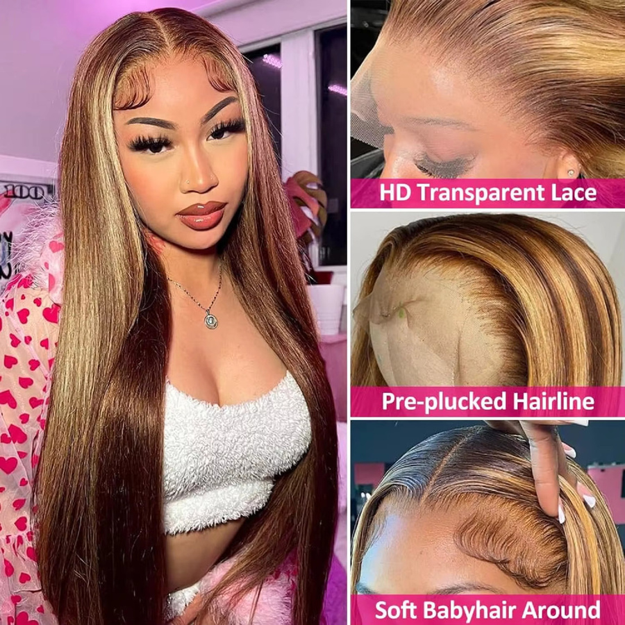 ALIKODY Echthaar Perücke, Honigblonde, Straight Lace Front, 13x4 HD Transparent - Bild 5