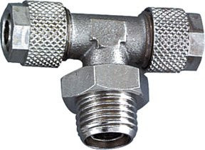 Riegler T-Einschraubverschraubung drehbar aus Messing in Silber, G 1/4 a. für Schlauch 10/8 - Bild 1